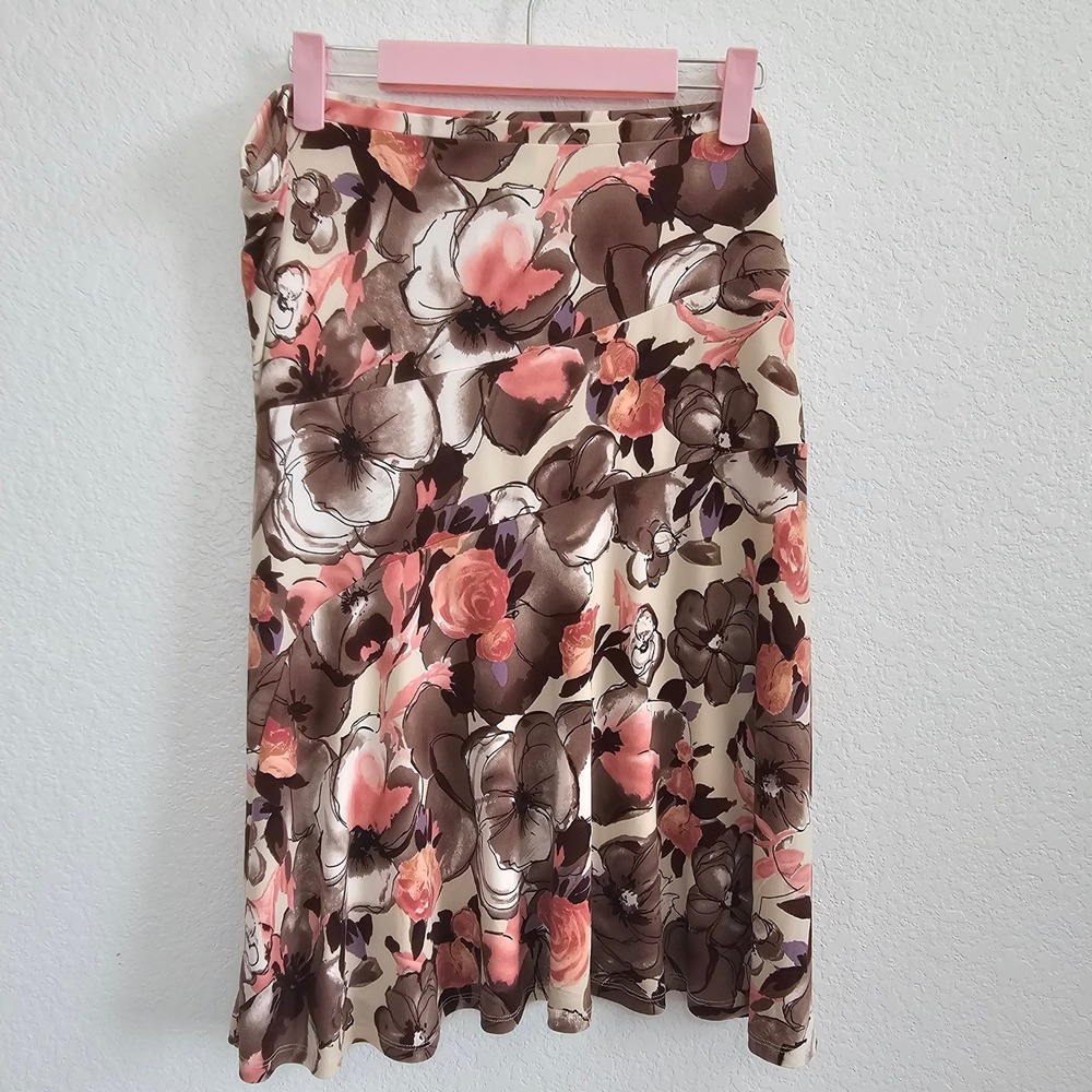 George Stretch Floral Mimosa Print Skirt Brown Tan Coral Large 12 14‎ GL161069